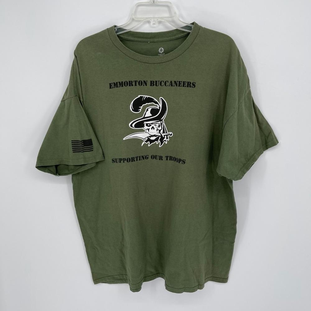 Custom Ink Men's Green Emmorton Buccaneers Troop Skull Military Graphic T-Shirt